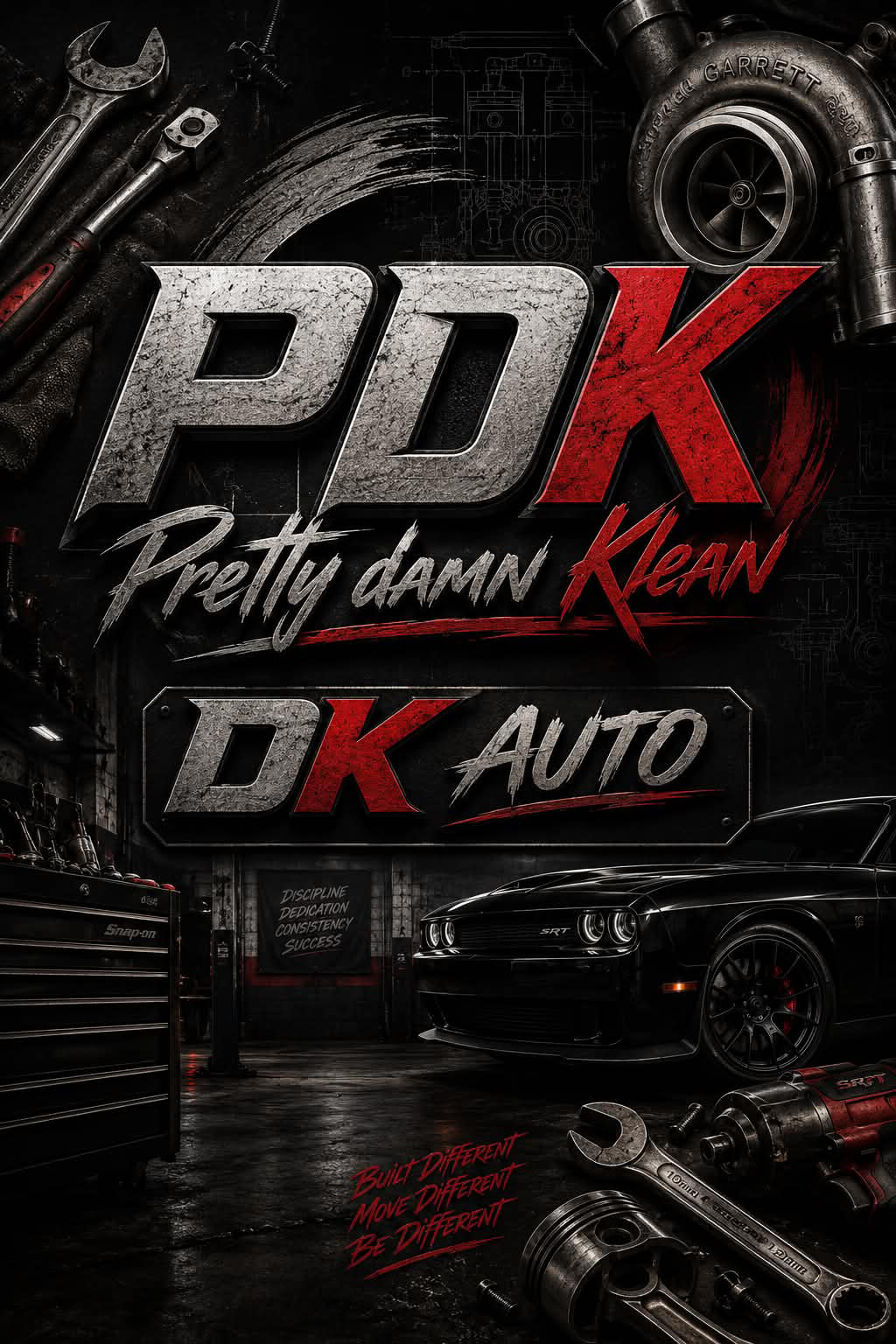 PDK Customs black and red garage artwork with a custom muscle car
