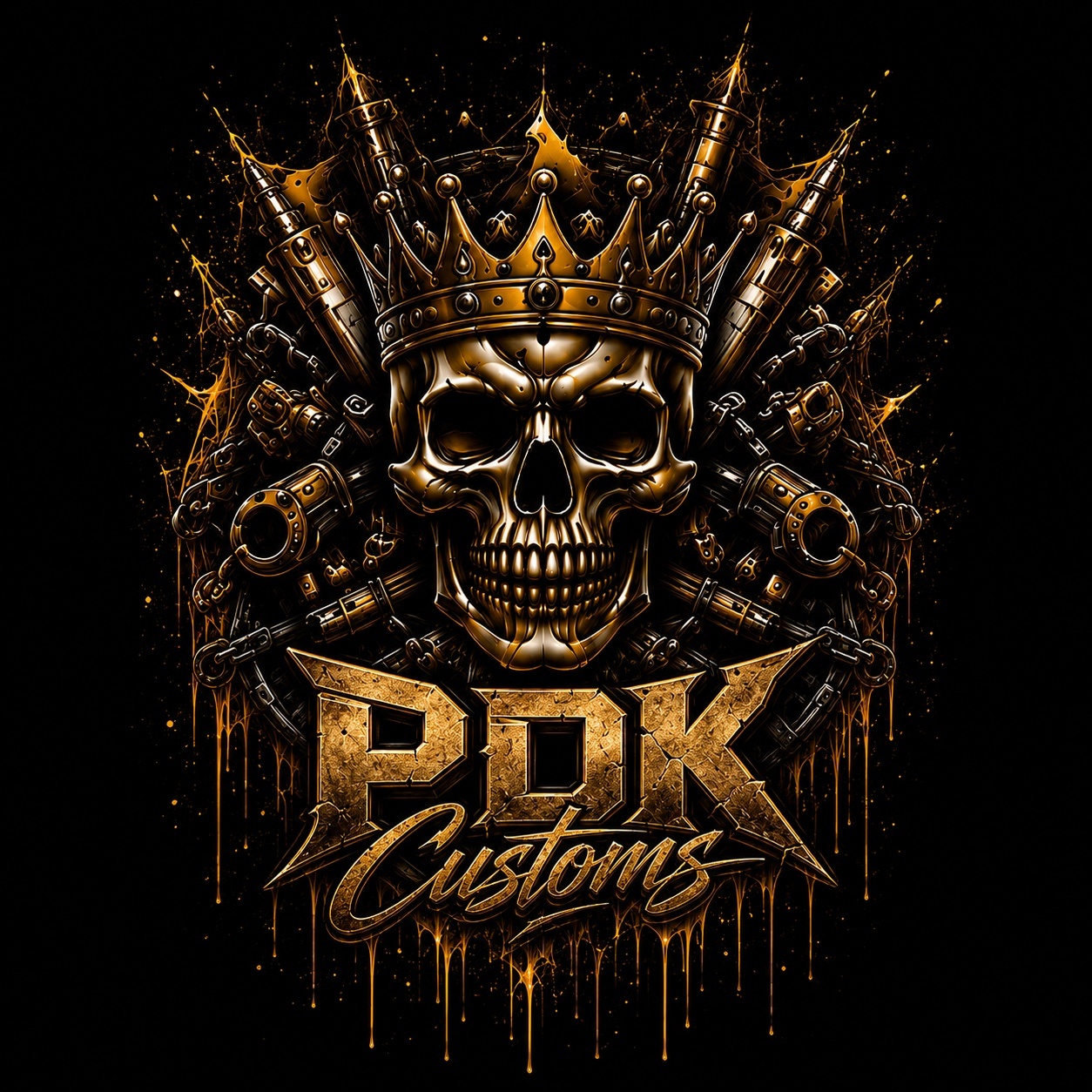 Gold PDK Customs crowned skull workshop artwork