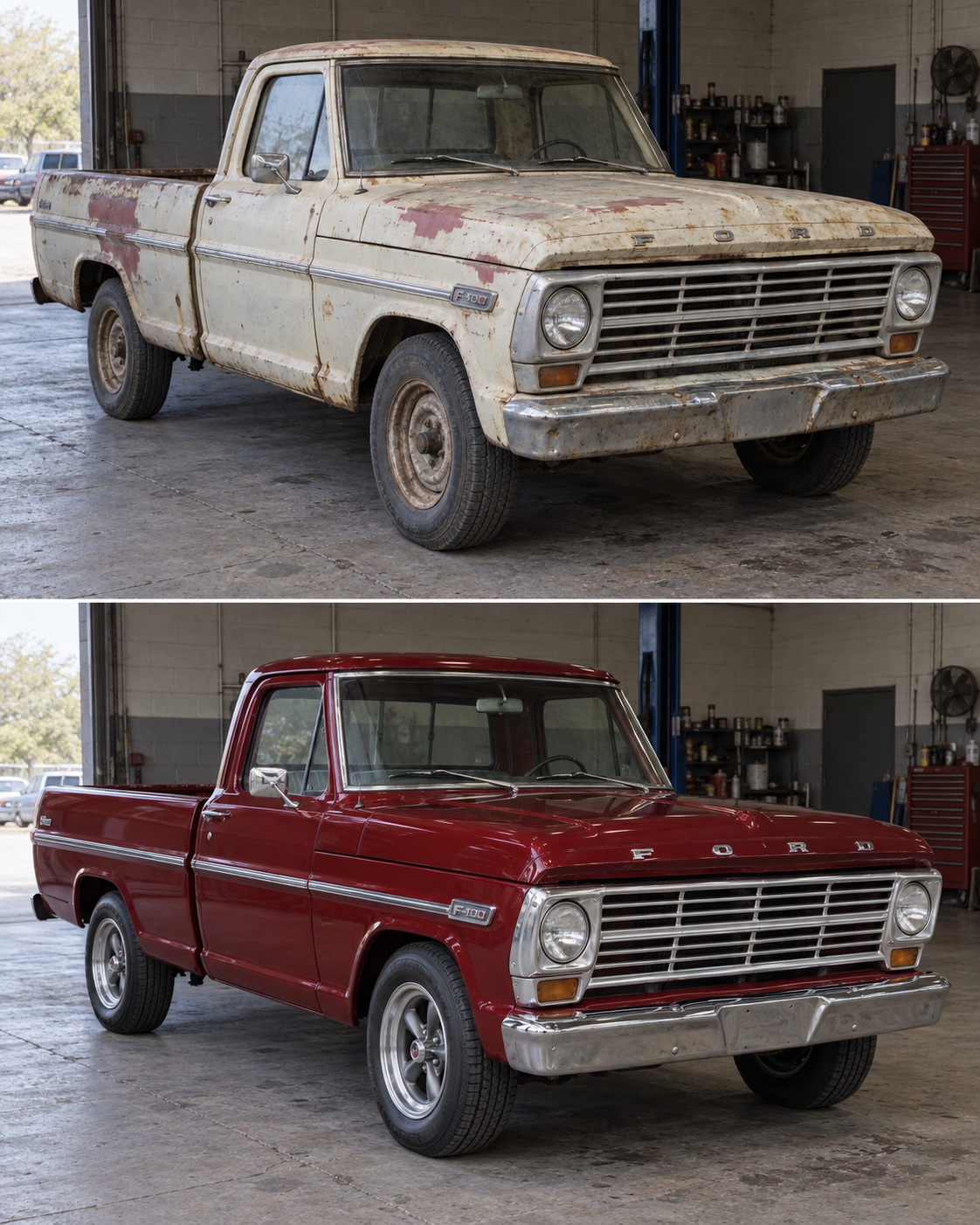 Concept before and after restoration of a 1967 Ford F-100