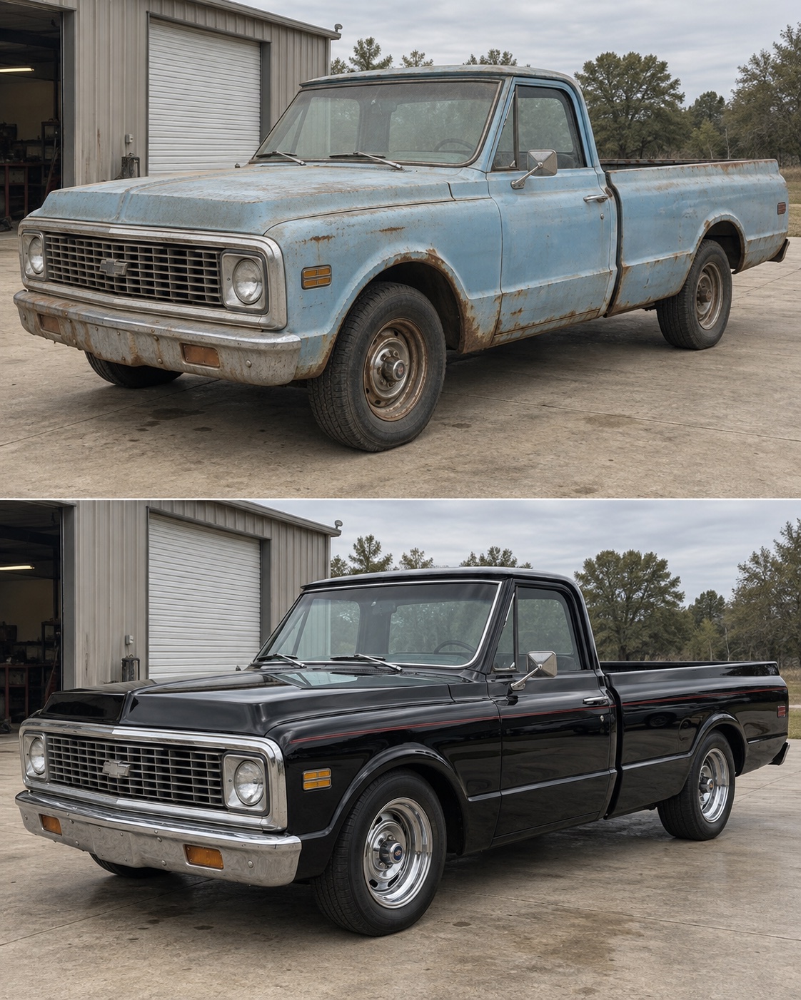 Concept before and after restoration of a 1972 Chevrolet C10